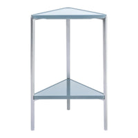 Modern triangular side table featuring a light blue glass top and sleek silver metal legs. Ideal for small spaces.