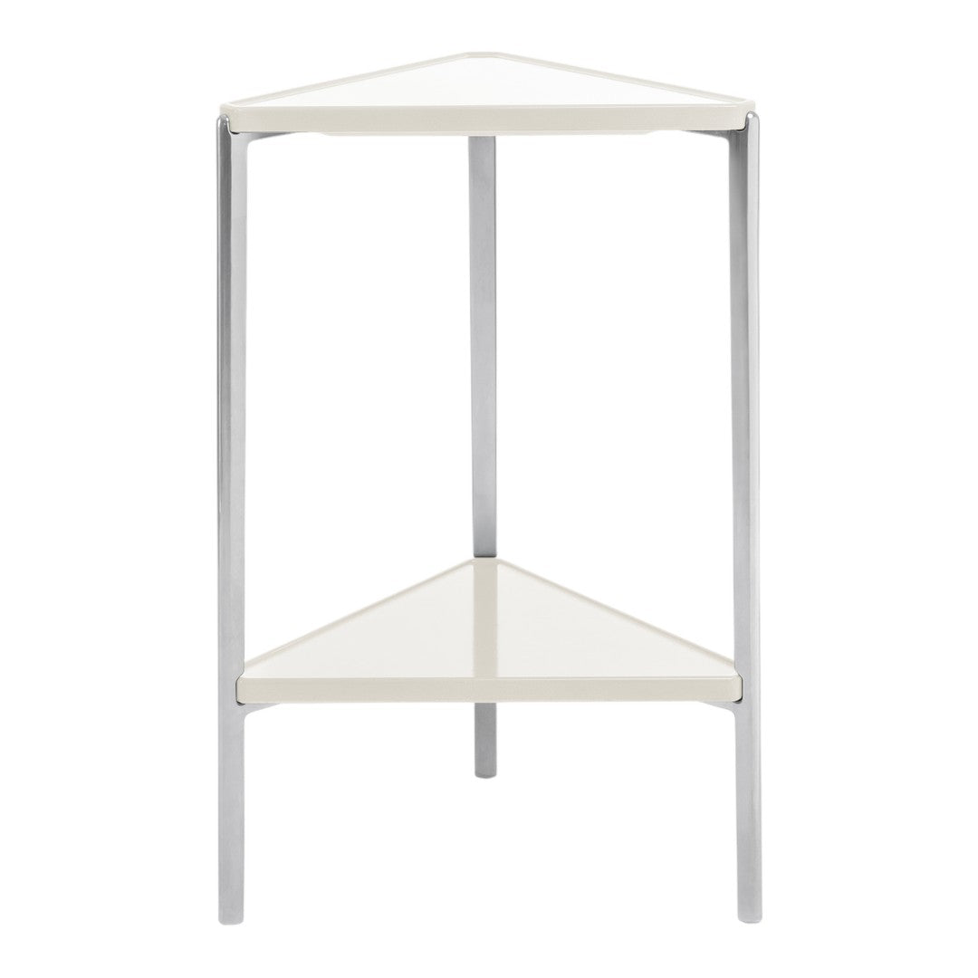 White triangular side table with sleek silver legs, featuring a minimalist design and smooth surfaces.