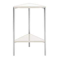 White triangular side table with sleek silver legs, featuring a minimalist design and smooth surfaces.