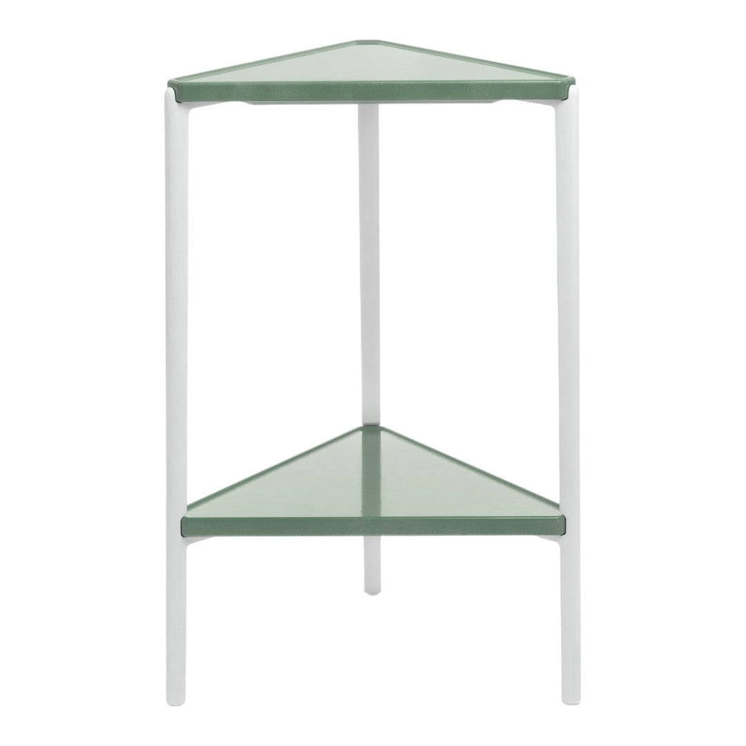 Green glass corner shelf with sleek white metal frame, featuring minimalist design and geometric shapes.