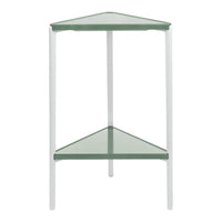 Green glass corner shelf with sleek white metal frame, featuring minimalist design and geometric shapes.