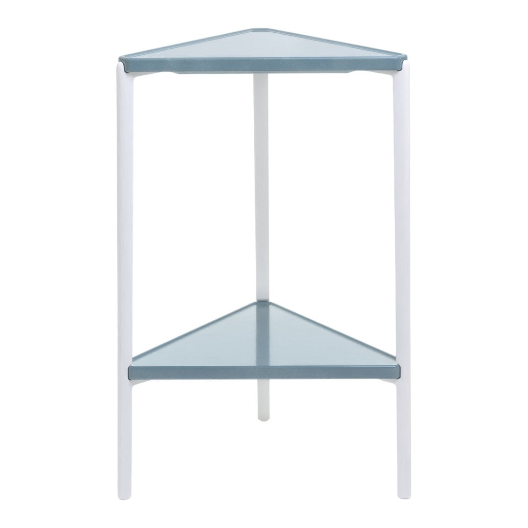 Blue and white modern corner shelf with a sleek, minimalist design. Perfect for compact spaces.