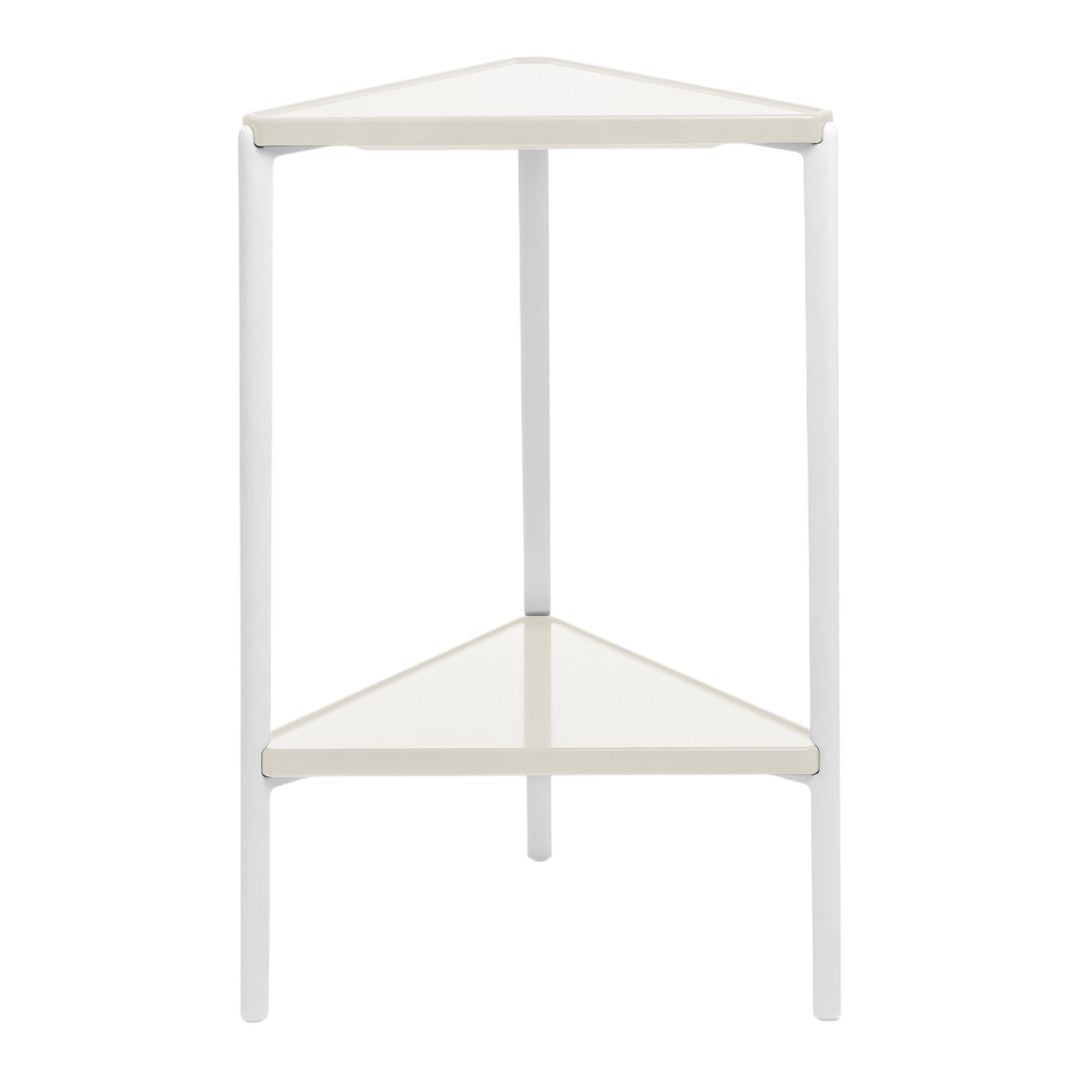 White triangular shelf with sleek, minimalist design and smooth surface, perfect for corner spaces.
