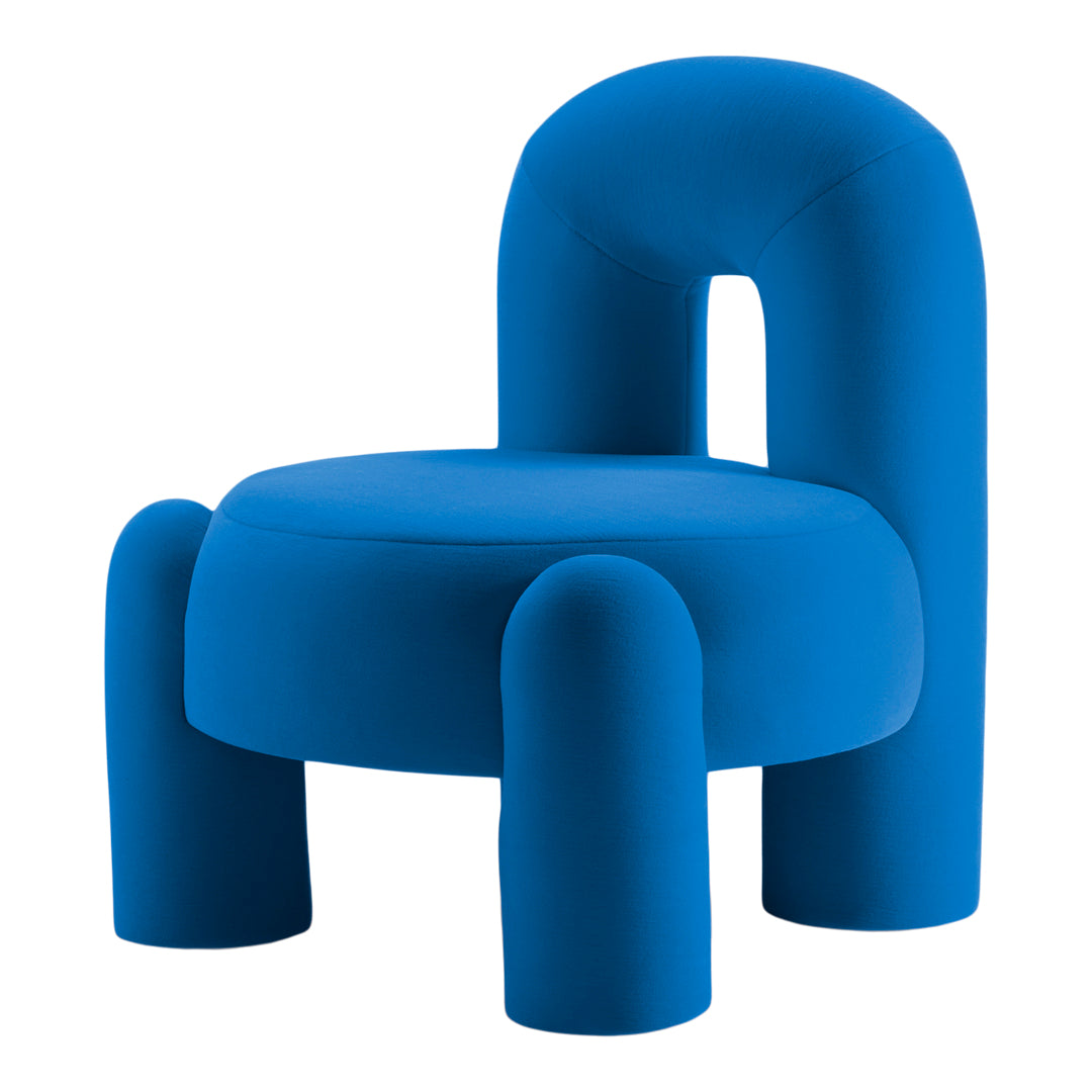 Vibrant blue modern chair with rounded shapes and minimalist design ideal for contemporary interiors.