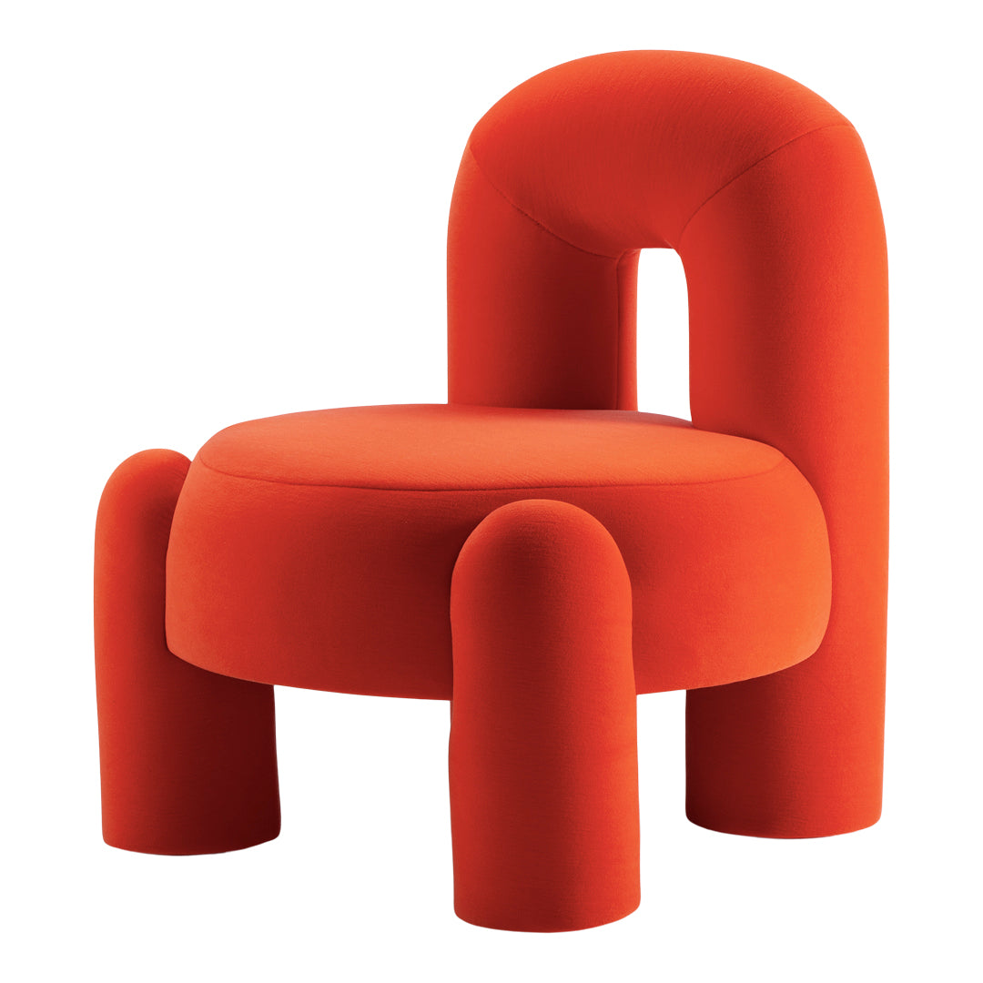 Vibrant red modern chair with smooth, rounded shapes and a minimalist design. Perfect for stylish decor.