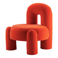 Vibrant red modern chair with smooth, rounded shapes and a minimalist design. Perfect for stylish decor.