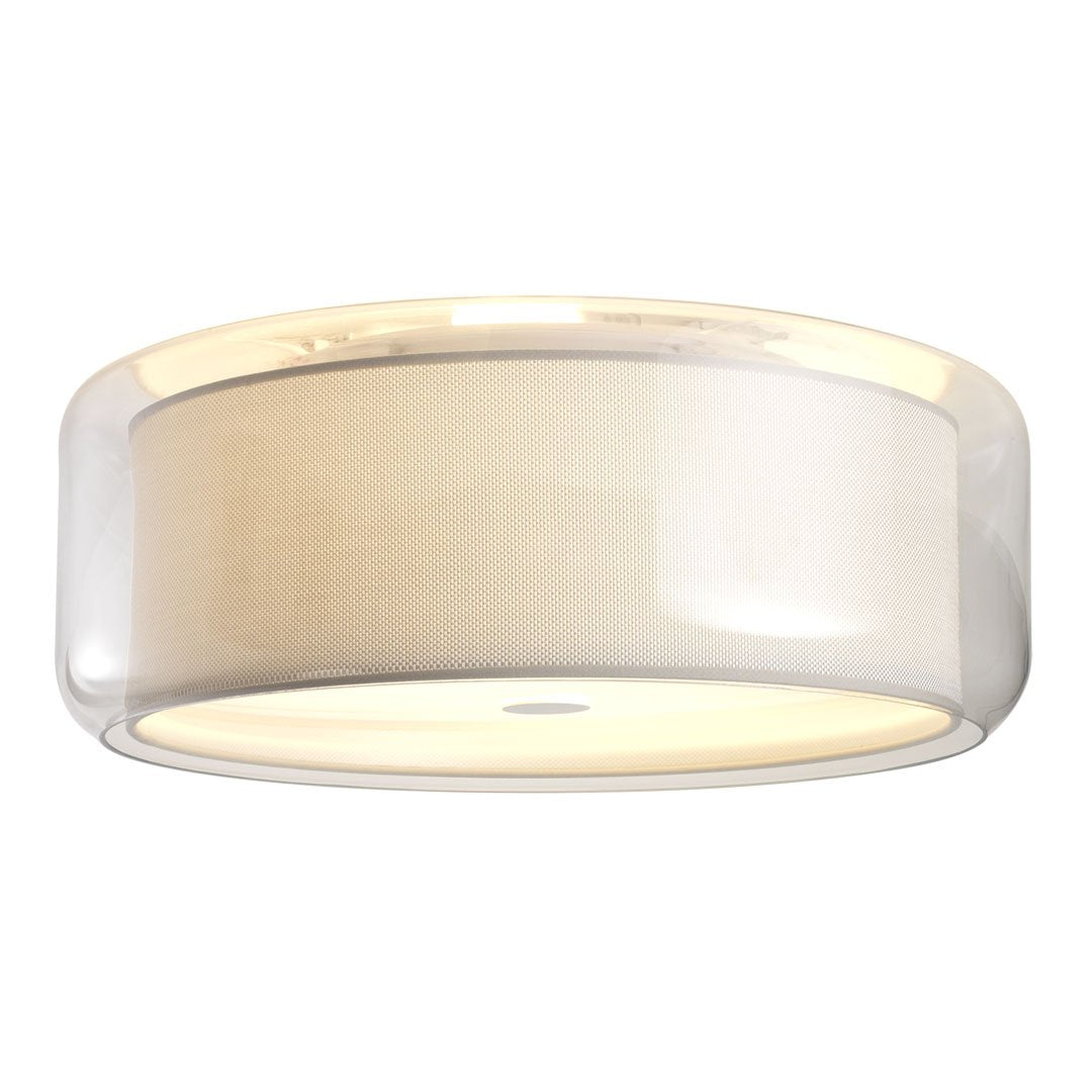 Modern round ceiling light with a sleek white shade and translucent glass exterior, creating a soft, warm glow.