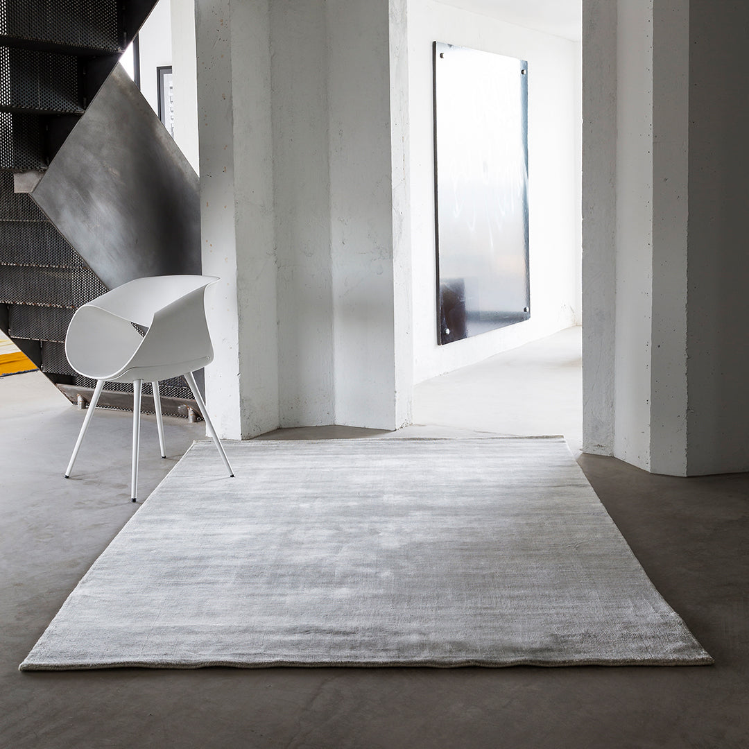 Light gray area rug with subtle texture and a smooth surface, complementing modern decor.