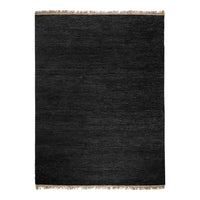 Black textured rug with fringed edges, offering a sleek and modern look for any decor.