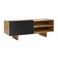 Modern wooden TV cabinet featuring a natural bamboo finish with a sleek black sliding door and open shelving.