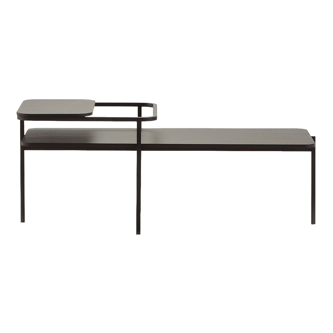Minimalist black metal bench with sleek lines and a smooth surface. Modern design suitable for any decor.