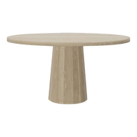 Light beige round dining table with a smooth surface and textured cylindrical pedestal base. Minimalist design.