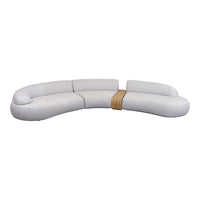 Curved white sectional sofa with smooth upholstery and a natural wooden accent in the center. Modern and minimalistic design.