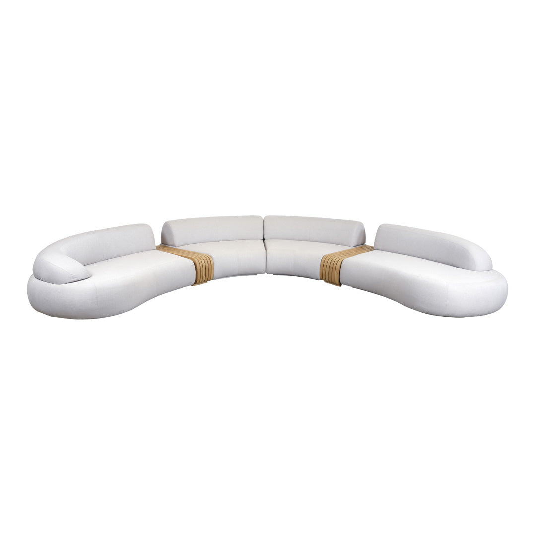 Curved white sofa with smooth lines and natural wood accents, perfect for modern and minimalist decor.