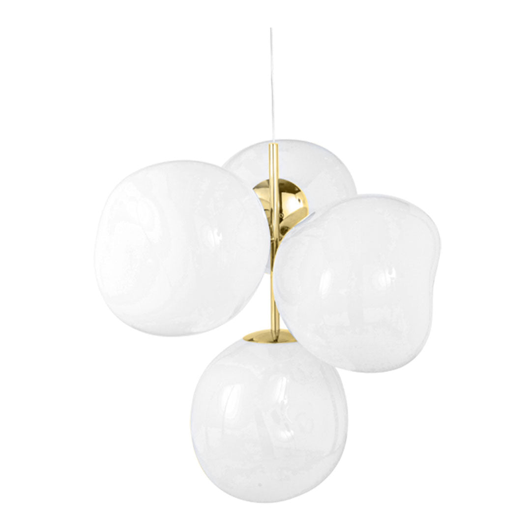 Modern pendant light featuring four glossy white glass globes with a sleek golden fixture. Perfect for contemporary spaces.