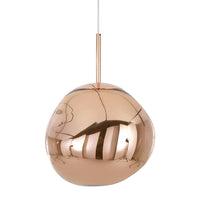 Shiny copper pendant light with a smooth, organic shape and reflective surface, creating a modern aesthetic.