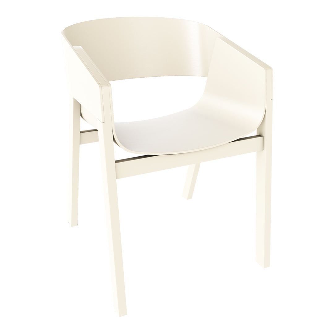 Modern cream-colored chair with a minimalist design and smooth, sleek surfaces. Perfect for contemporary decor.
