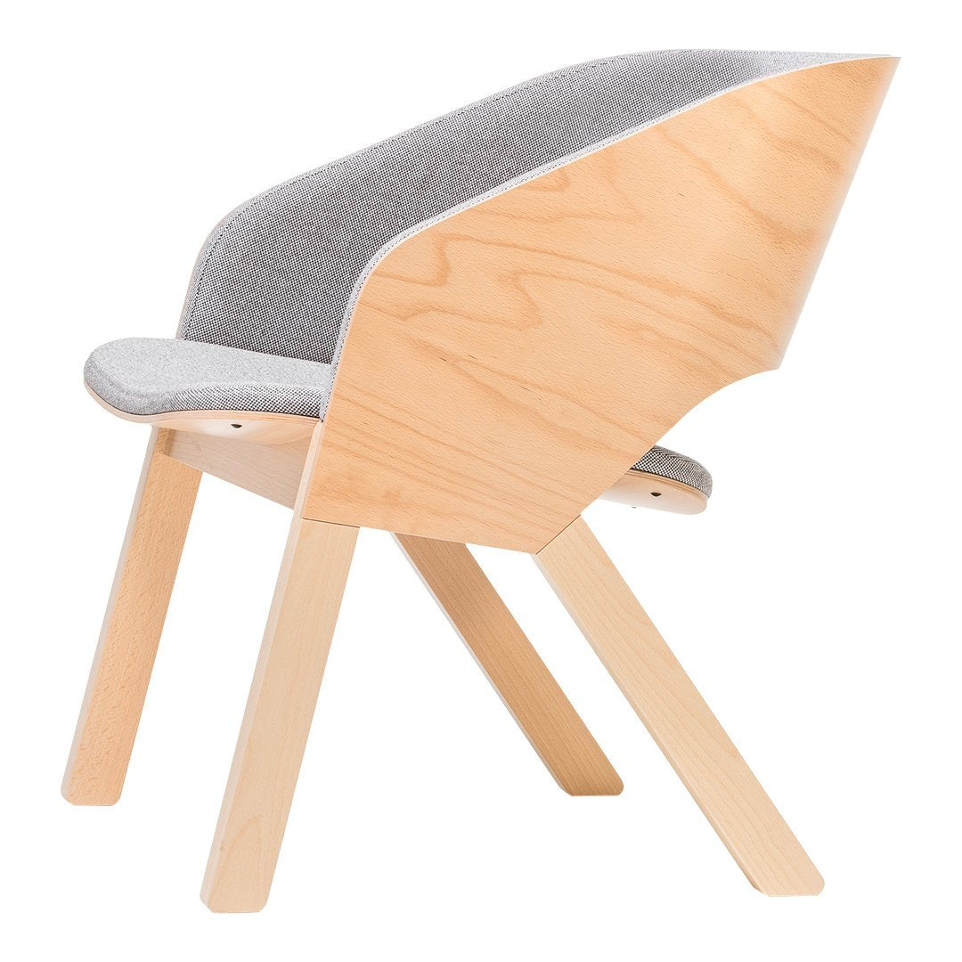 Light wood chair with a smooth, curved design featuring a soft gray upholstered seat and backrest.
