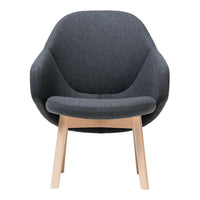 Textured dark gray upholstered chair with smooth wooden legs, featuring a modern, minimalist design.