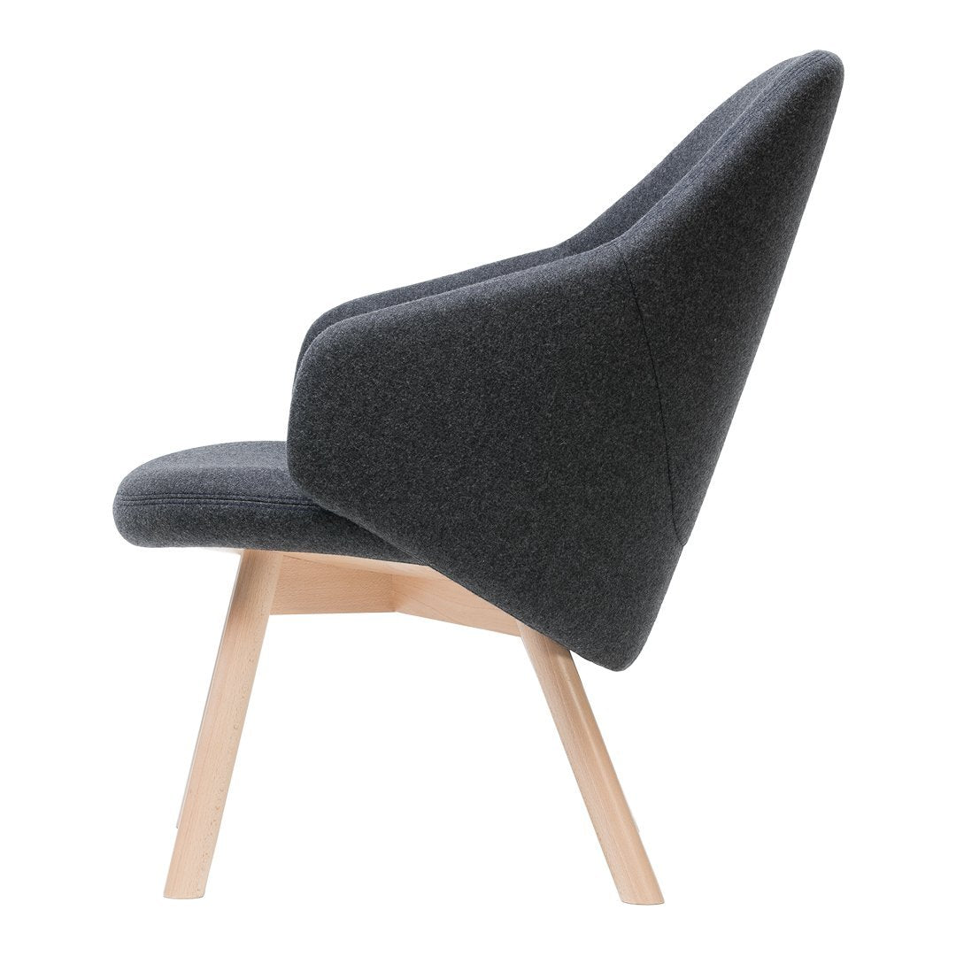 Gray upholstered chair with sleek lines and natural wood legs, offering a modern, minimalist aesthetic.