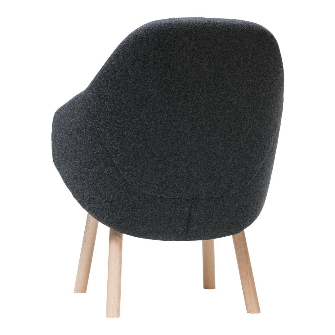 Charcoal gray upholstered chair with smooth curves and natural wood legs, perfect for modern decor.