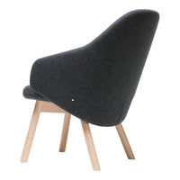 Mid-century modern chair in dark gray fabric with natural wood legs, featuring a sleek minimalist design.