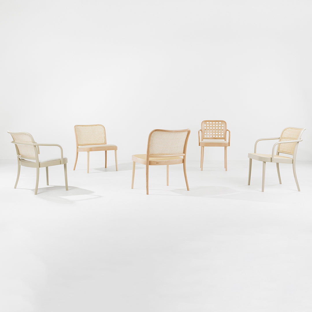 Set of five chairs featuring light beige and natural wood tones with woven patterns and minimalist design.