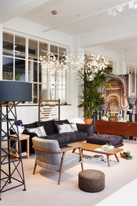 Modern living room featuring charcoal gray sofas, patterned cushions, wood accents, and a variety of greenery.