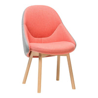 Coral pink chair with gray accents and natural wooden legs, featuring a smooth, modern design.