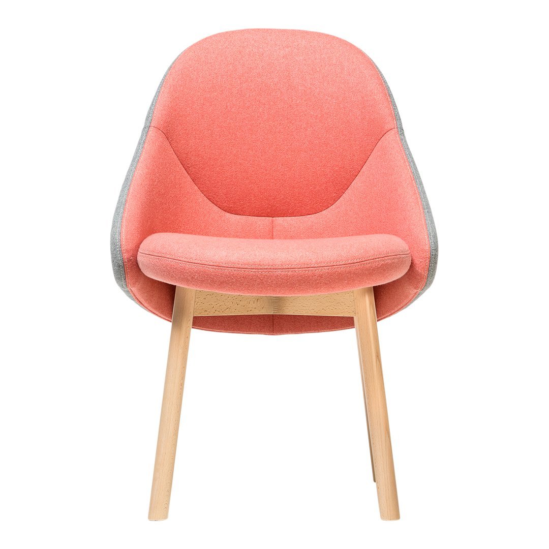 Coral pink upholstered chair with a smooth texture and light wooden legs, featuring a modern, minimalist design.