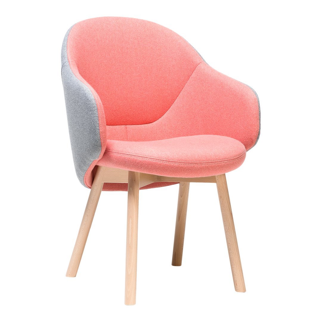 Stylish chair featuring a peach and gray design with a smooth fabric finish and natural wooden legs.