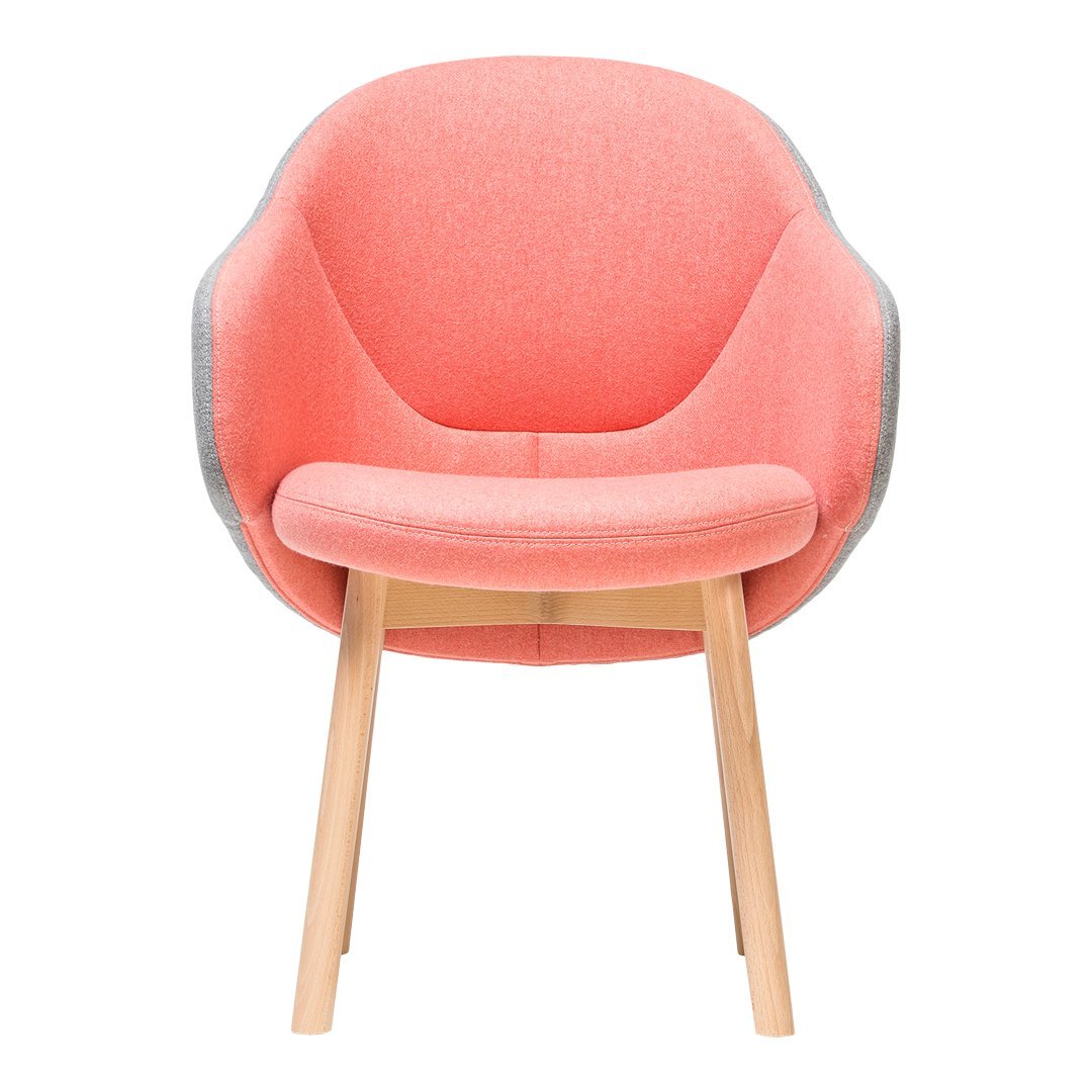 Coral pink chair with a gray border and natural wood legs, featuring a smooth, modern design.