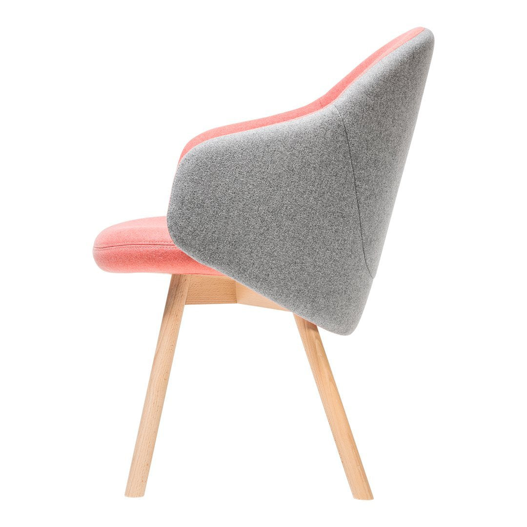 Gray and pink upholstered chair with a sleek design and wooden legs, showcasing a modern two-tone color scheme.
