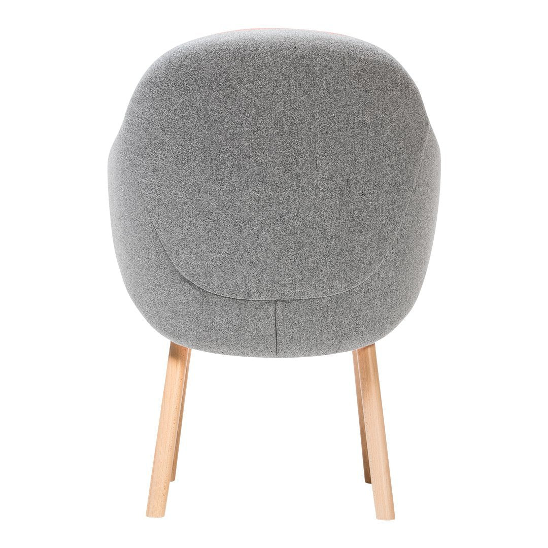 Gray upholstered chair with wooden legs, featuring a smooth, minimalist design and soft texture.