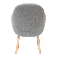 Gray upholstered chair with wooden legs, featuring a smooth, minimalist design and soft texture.