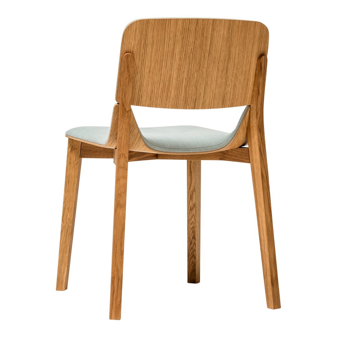 Natural wood chair with light blue seat cushion, featuring a smooth finish and simple, modern design.