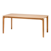Natural wood dining table in warm honey tones with a smooth, minimalist finish and rectangular design.