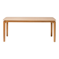 Natural wood dining table with smooth, light beige surface and simple, clean lines. Perfect for modern interiors.