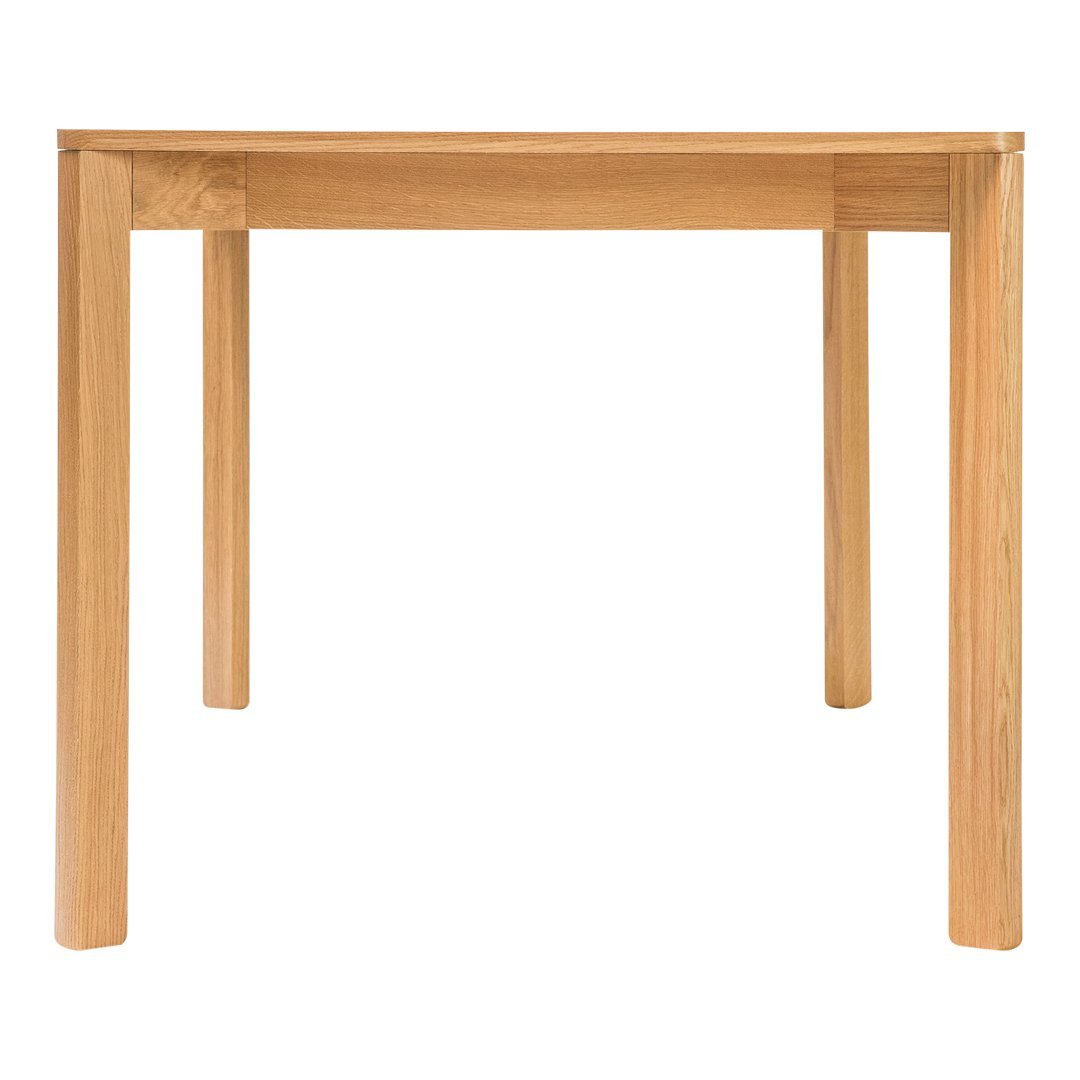 Natural wood grain table in light oak finish, featuring a simple, modern design with smooth edges and straight legs.