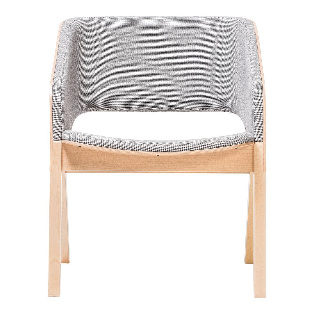 Gray upholstered chair with a minimalist design and natural wood legs, offering a modern and stylish look.