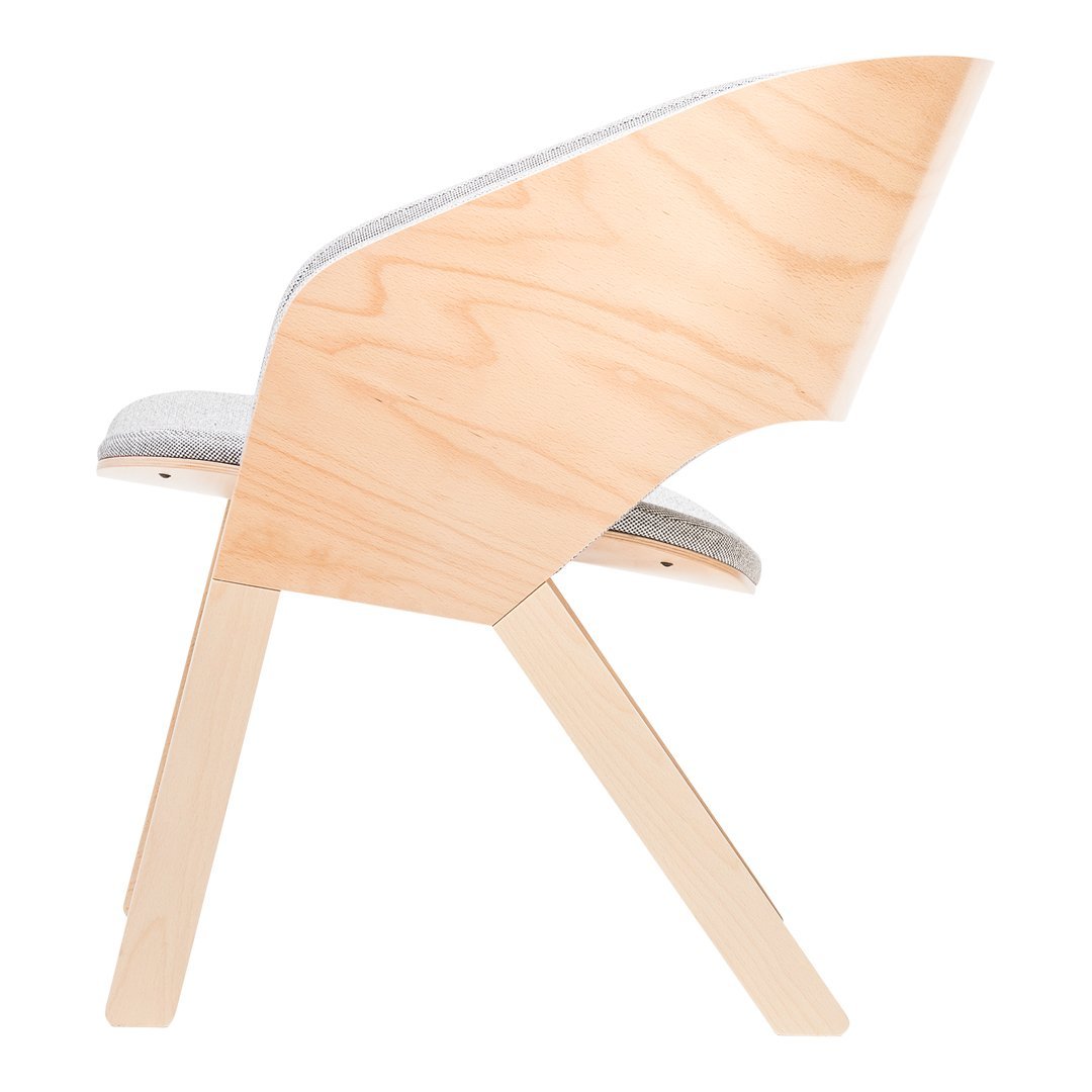 Minimalist wooden chair with a light natural wood finish and soft gray upholstered seat. Sleek and modern design.