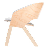 Minimalist wooden chair with a light natural wood finish and soft gray upholstered seat. Sleek and modern design.