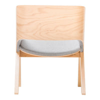 Light wood chair with a smooth, natural finish and a soft gray upholstered seat, featuring a minimalist design.