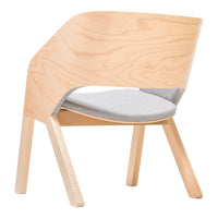 Light wood chair with a curved backrest and a soft gray upholstered seat, featuring minimalistic design and natural tones.