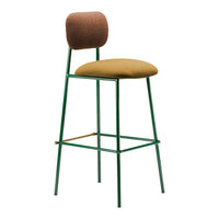Modern bar stool with a green metal frame, brown textured backrest, and olive green padded seat. Stylish and contemporary design.