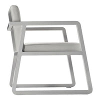 Modern gray chair with a sleek silver frame and smooth leather upholstery, featuring minimalist geometric design.