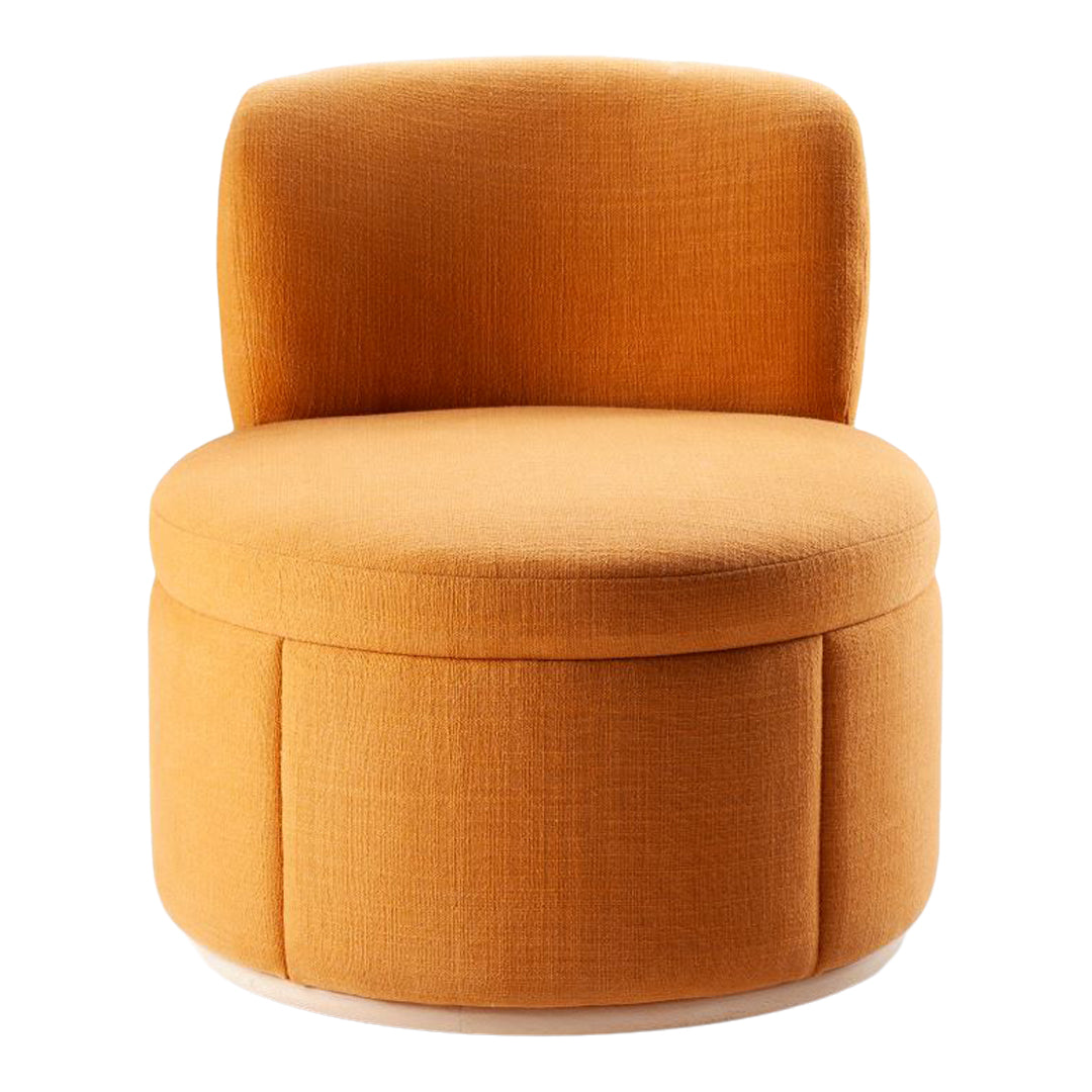 Round orange accent chair with textured fabric and soft curves, ideal for modern living spaces.