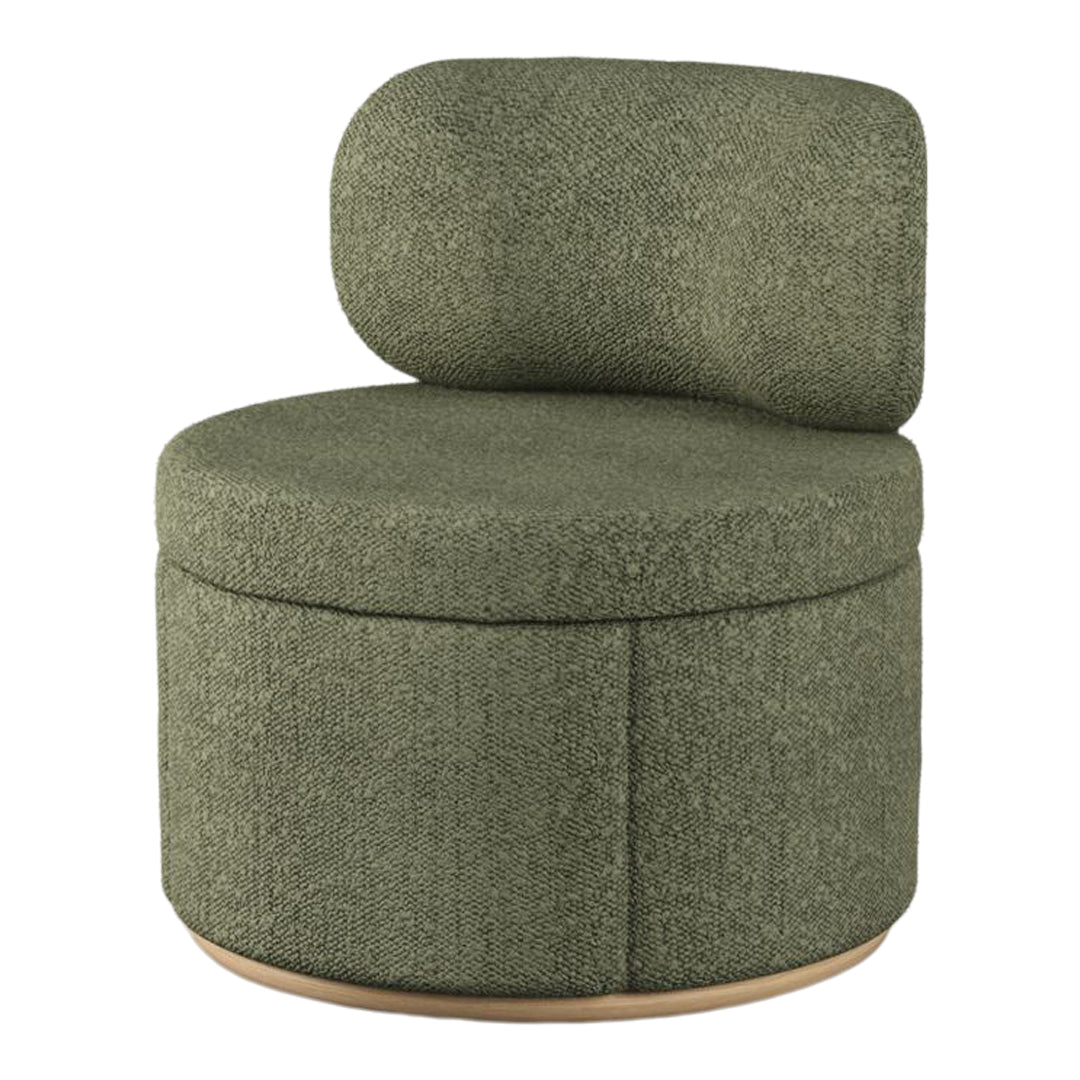 Stylish green upholstered accent chair with textured fabric and circular design, perfect for modern décor.