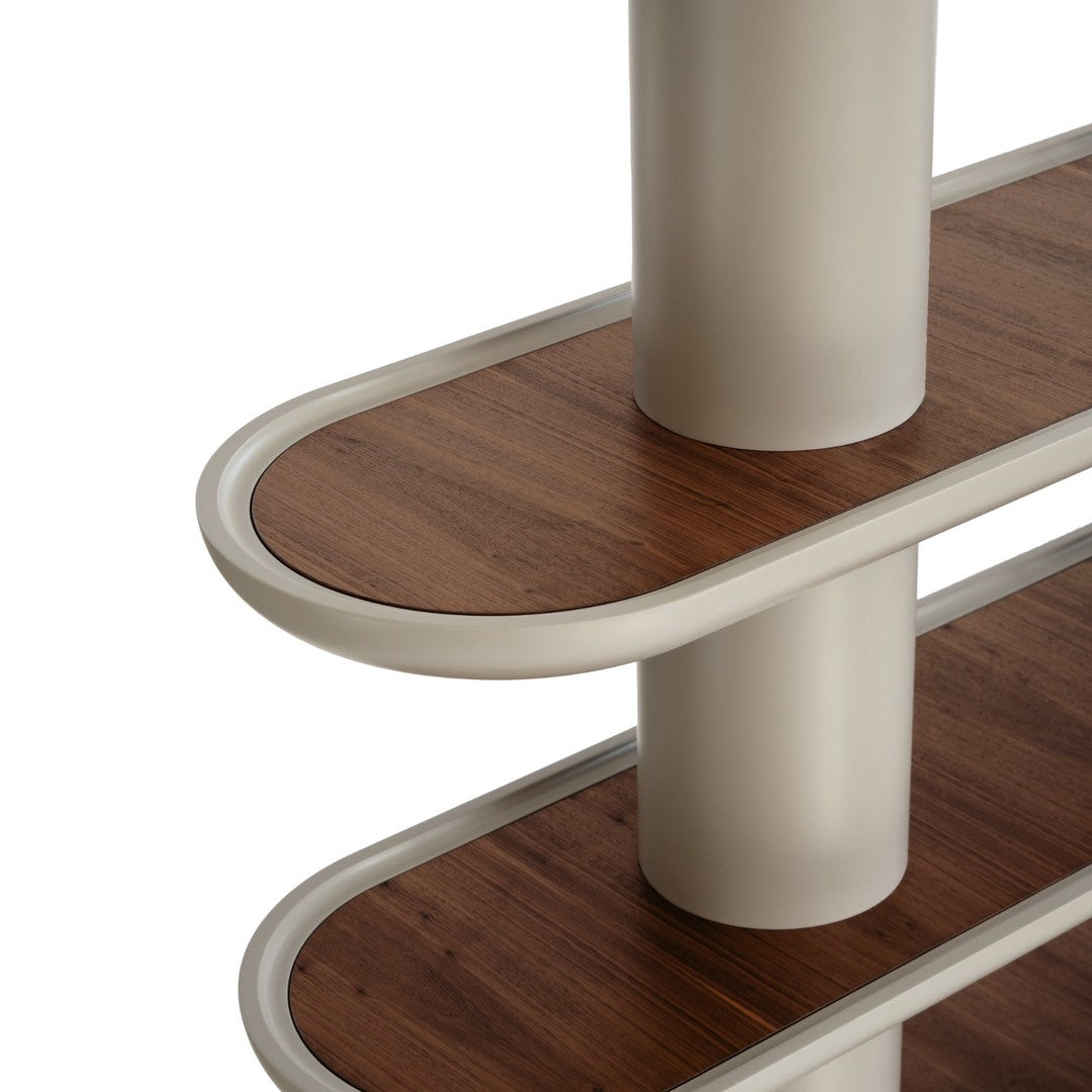 "Modern shelving unit with sleek white edges and rich brown wood shelves, featuring smooth, curved patterns."