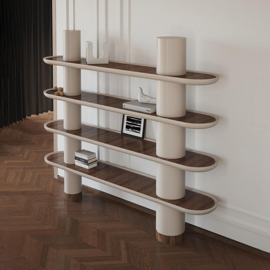 Contemporary shelving unit with smooth white cylindrical supports and dark wood shelves, featuring sleek curved lines.